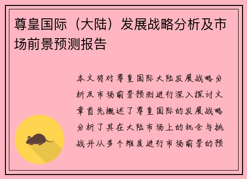 尊皇国际（大陆）发展战略分析及市场前景预测报告
