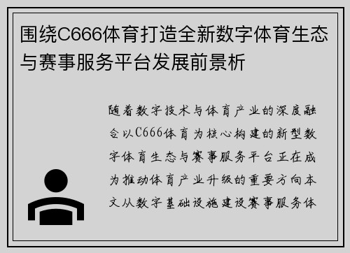围绕C666体育打造全新数字体育生态与赛事服务平台发展前景析