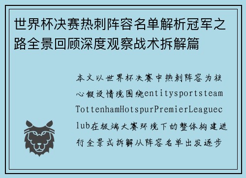 世界杯决赛热刺阵容名单解析冠军之路全景回顾深度观察战术拆解篇